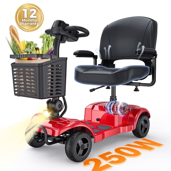 ENGWE 4 Wheels Mobility Scooter for Seniors & Adults , Electric Foldable Mobility Scooter with Rotating Chair Basket Headlights Folding Wheelchair for Short Travel ,Red