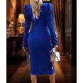 thumbnail image 4 of Dress for Women Round Neck Solid Color Side Split Bodycon Cocktail Long Sleeve Party Midi Dress Blue S, 4 of 7