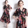 thumbnail image 1 of Dropshipping Nouvelle Robe Midi Décontractée d'Été Automne Imprimé Fruits Nœud Papillon Col Foulard Manches 3/4 Taille Empire Femmes Soirée Plage, 1 of 7