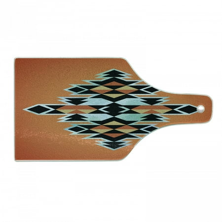 

Tribal Cutting Board Pattern Abstract Design Traditional Elements Print Decorative Tempered Glass Cutting and Serving Board Wine Bottle Shape Orange Black Pale Blue by Ambesonne