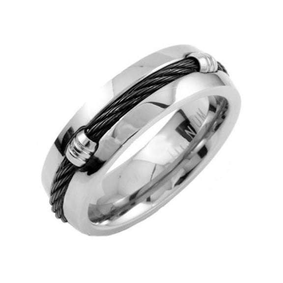 Metals Jewelry Men's / Women's 7mm Titanium Ring with Black Stainless Steel Cable and Comfort Fit 11