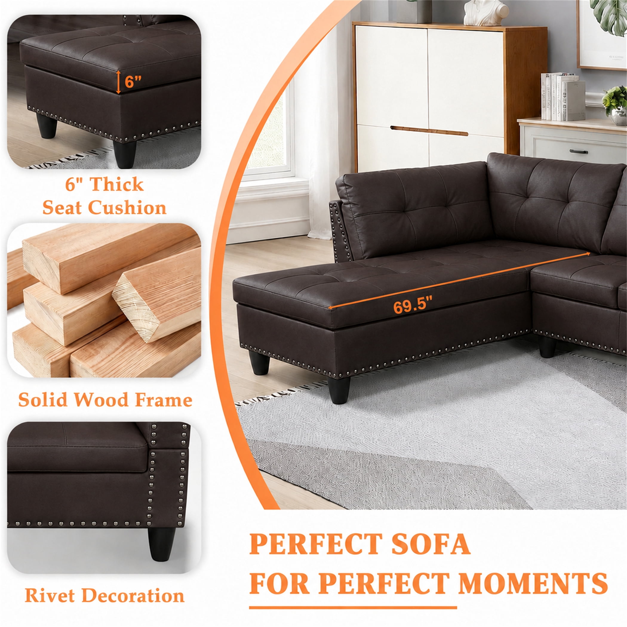 Aukfa 98" L Shaped Sectional Couch with Cup Holder Console, Tufted Back&Nailhead Trim, Oversized Left Chaise Leather Sofa for Living Room, Brown