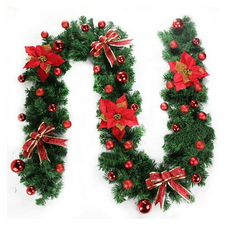 2 7m Christmas Garland Green With Red Gold Bows Lights Ornaments