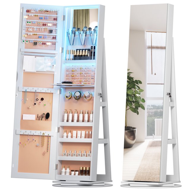 LVSOMT 360° Rotating LED Jewelry Armoire with Full Length Mirror, Jewelry Cabinet Large Standing Lockable Mirror Jewelry Organizer with Inner Makeup Mirror & Soft Velvet for Living Room Bedroom