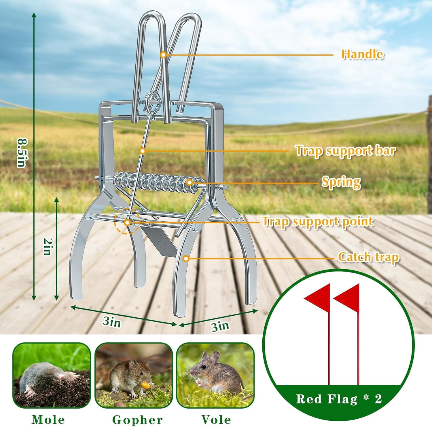 2 Pack Mole Traps That Kill Best, Mole Trap Easy to Set, Galvanized Steel Gopher Traps for Lawns, Reusable Quick Capture Gopher Hawk Vole Trap Outdoor Use