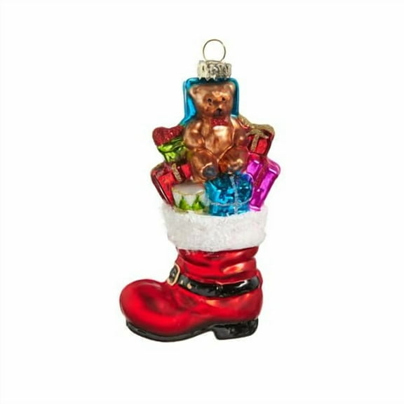 Raz Imports Red Tinsel Boot with Presents Hanging Ornament, 4.5-inch Height, Christmas Holiday Decor