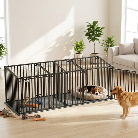 PawHut 83"L Heavy Duty Dog Crate, Extra Large Metal Dog Cage Kennel with Divider and Mat for Large Breeds, Modular Puppy Playpen