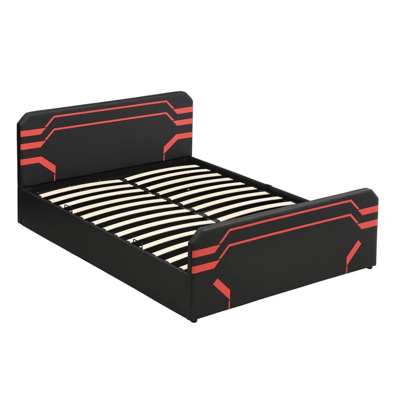 Queen Size PU Leather Gaming Bed Frame with Hydraulic Storage, Cyberpunk Style Platform Bed with Futuristic Pattern Headboard