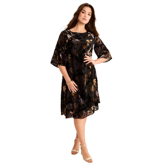 Roaman's Women's Plus Size Velvet Burnout Swing Dress
