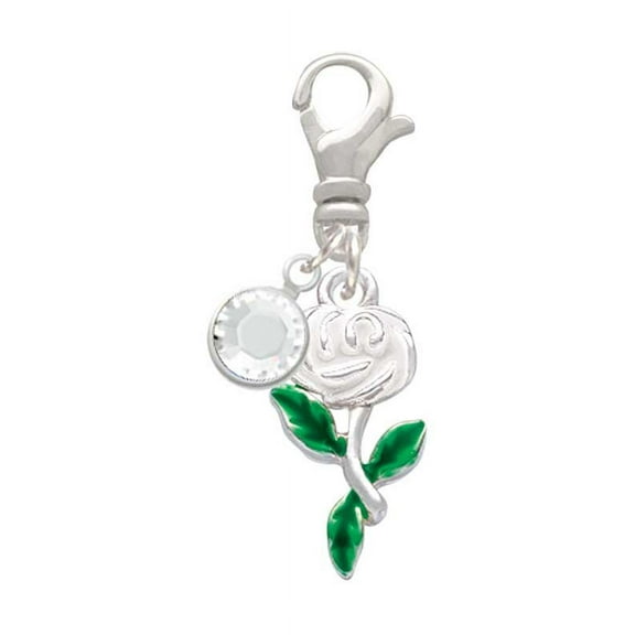 Delight Jewelry White Carnation Flower - Silvertone Clip on Charm with Clear Crystal Drop
