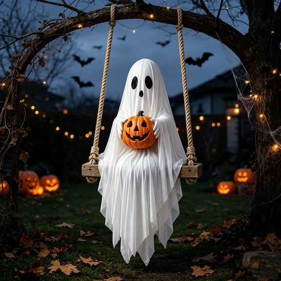 Liamobondopolis Halloween Decorations Indoor Ghost on Swing with Pumpkin 23.62 Inch