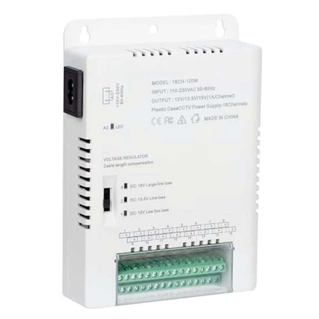 Fuente de alimentación de distribución para cámaras CCTV, entrada de 90 V-264 V CA y salida de 12 V-13,8-15 V CC, 16 canales, HD16C120W