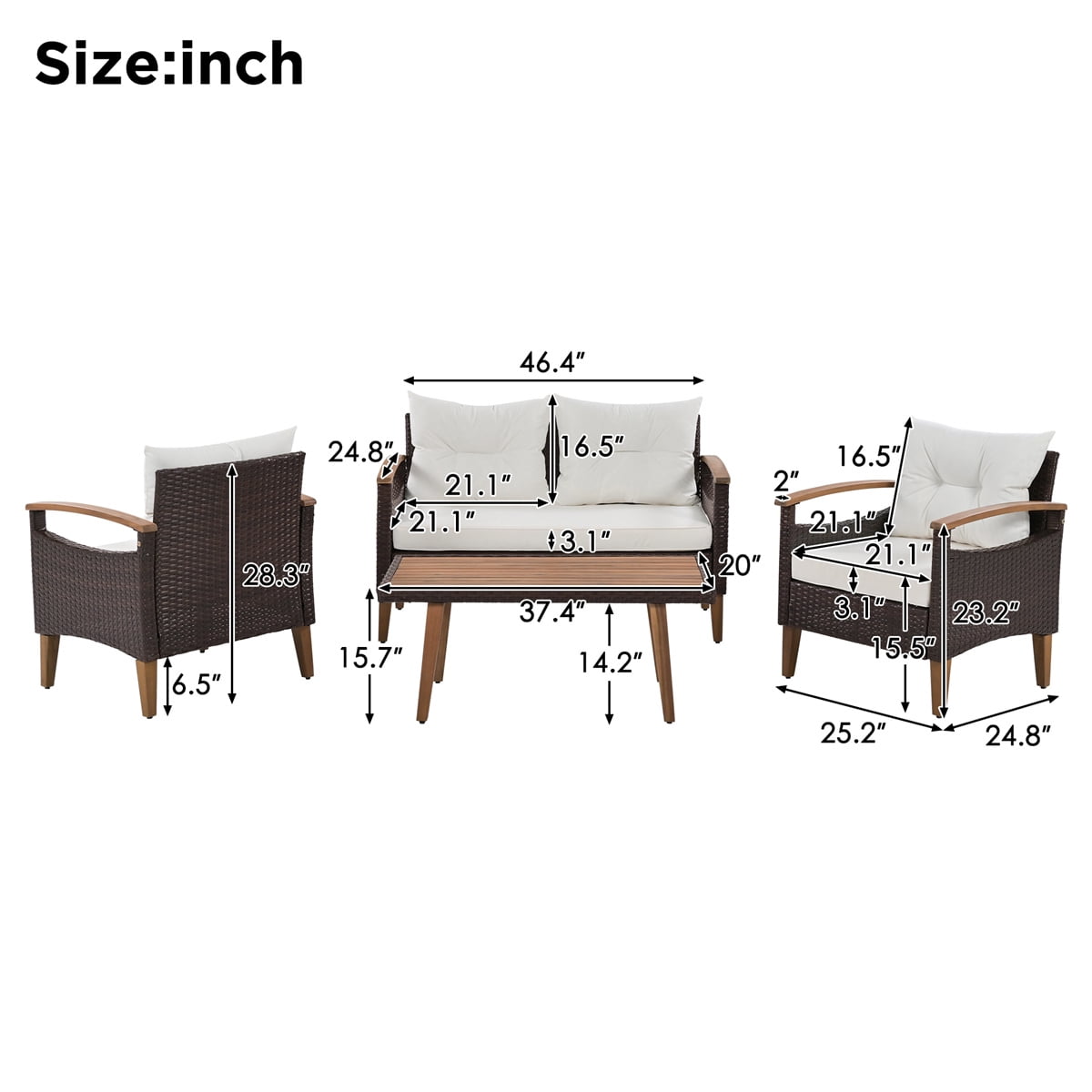 HighSound Patio Furniture Set, 4 Piece Outdoor Patio Conversation Set, All-Weather PE Rattan Wicker Sectional Patio Sofa Set with Wooden Coffee Table, Beige Cushions