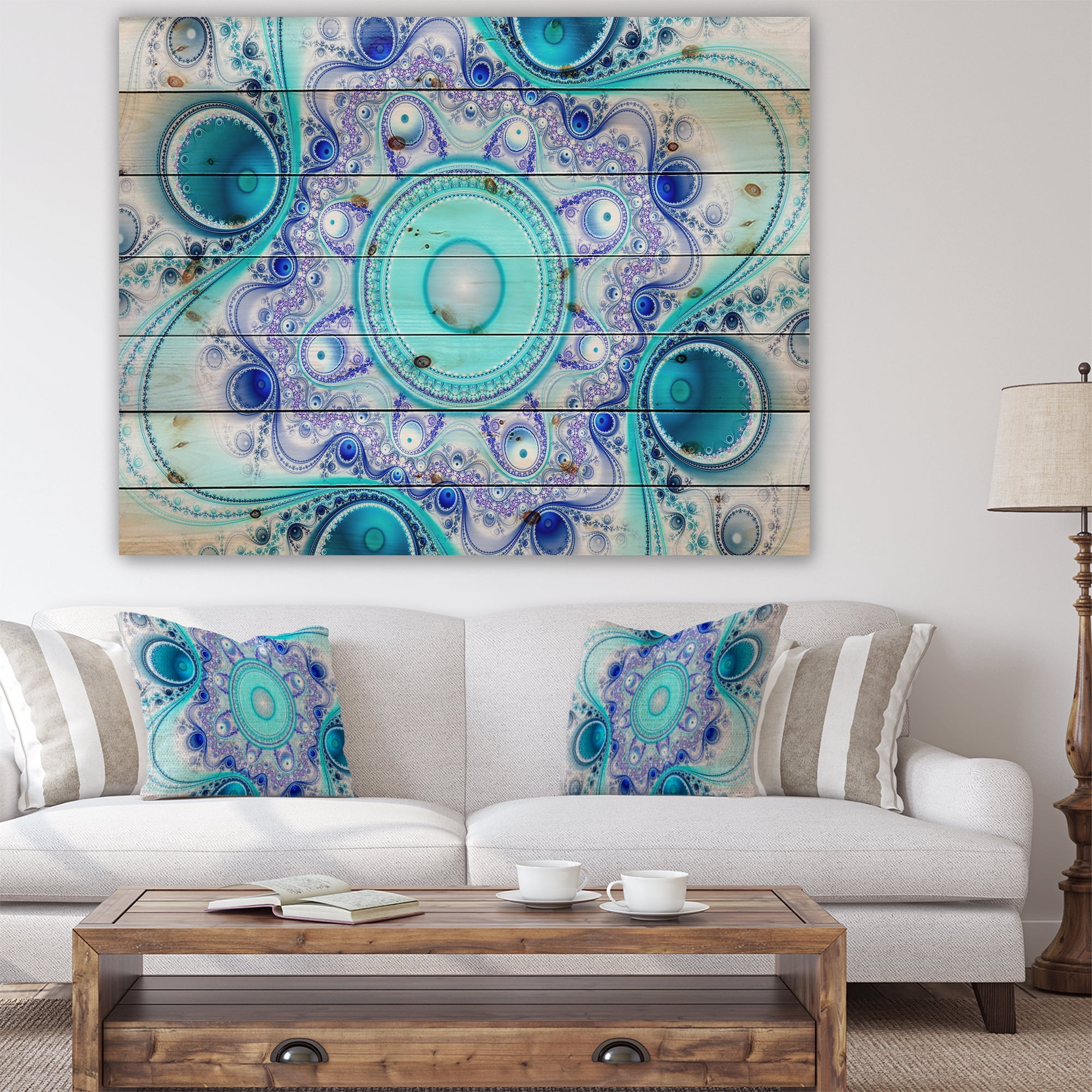 Designart 'Turquoise Wavy Circles and Curves' Abstract Print on Natural Pine Wood
