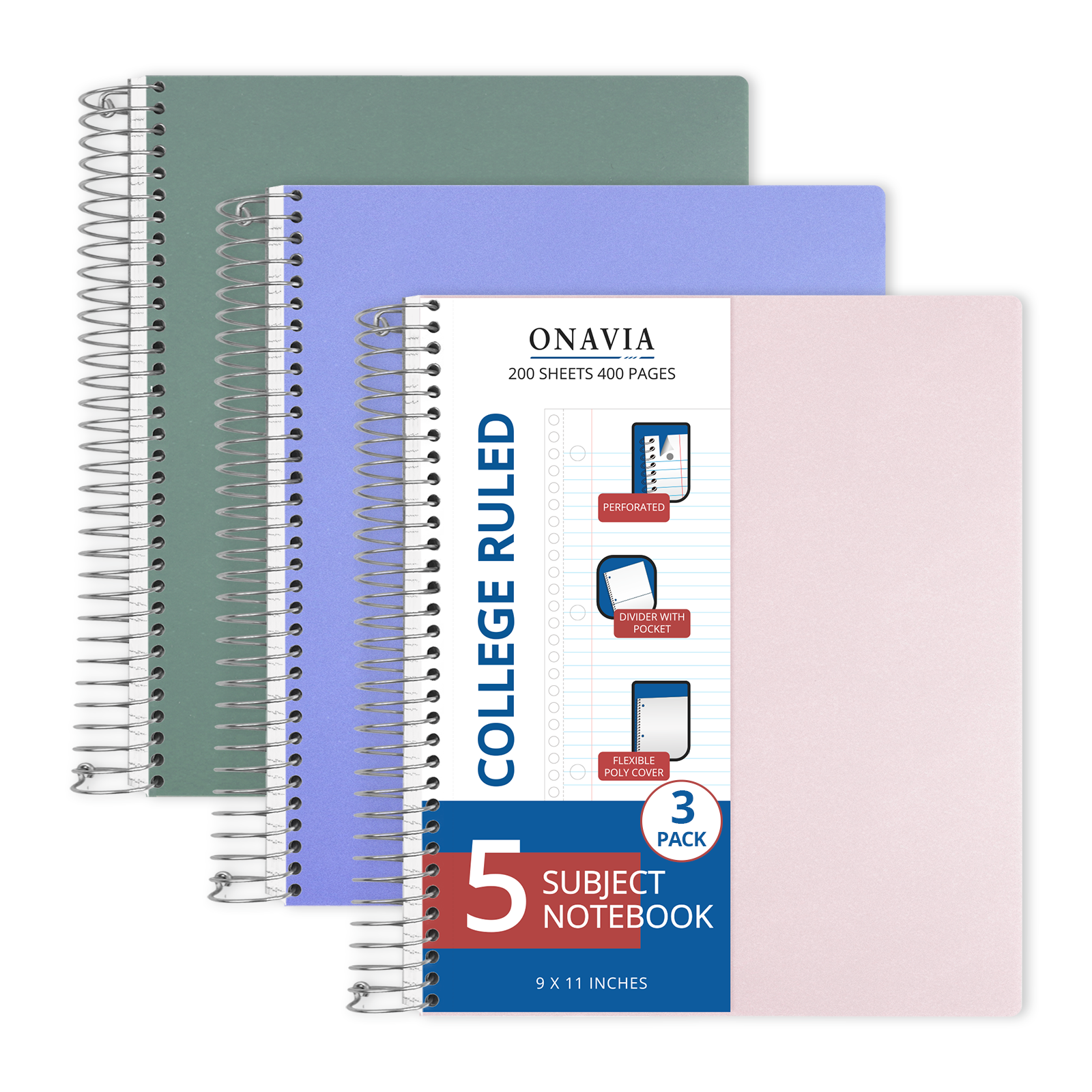 ONAVIA 5 Subject Notebook, College Ruled Spiral Notebook with 5 Divider Pockets, 3 Pack, 9" x 11", Poly Cover Multiple Subject Notebooks for Study ,Work, 200 Sheets, Assorted Colors