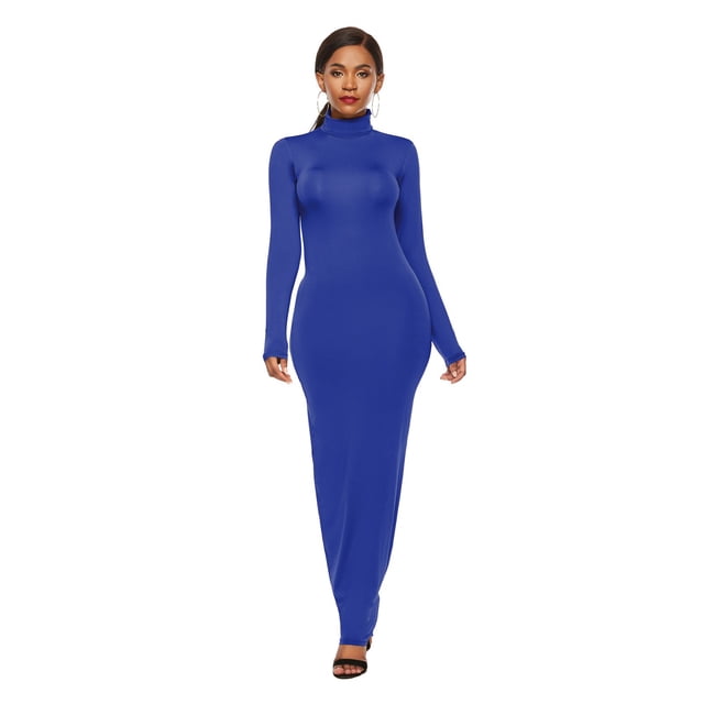 TopLLC Longues Robe à Manches à Col Rond pour Femme Décontractée Couleur Col Montant Manches Longues Extensible Ajustée Longue Robe Haut pour Femme