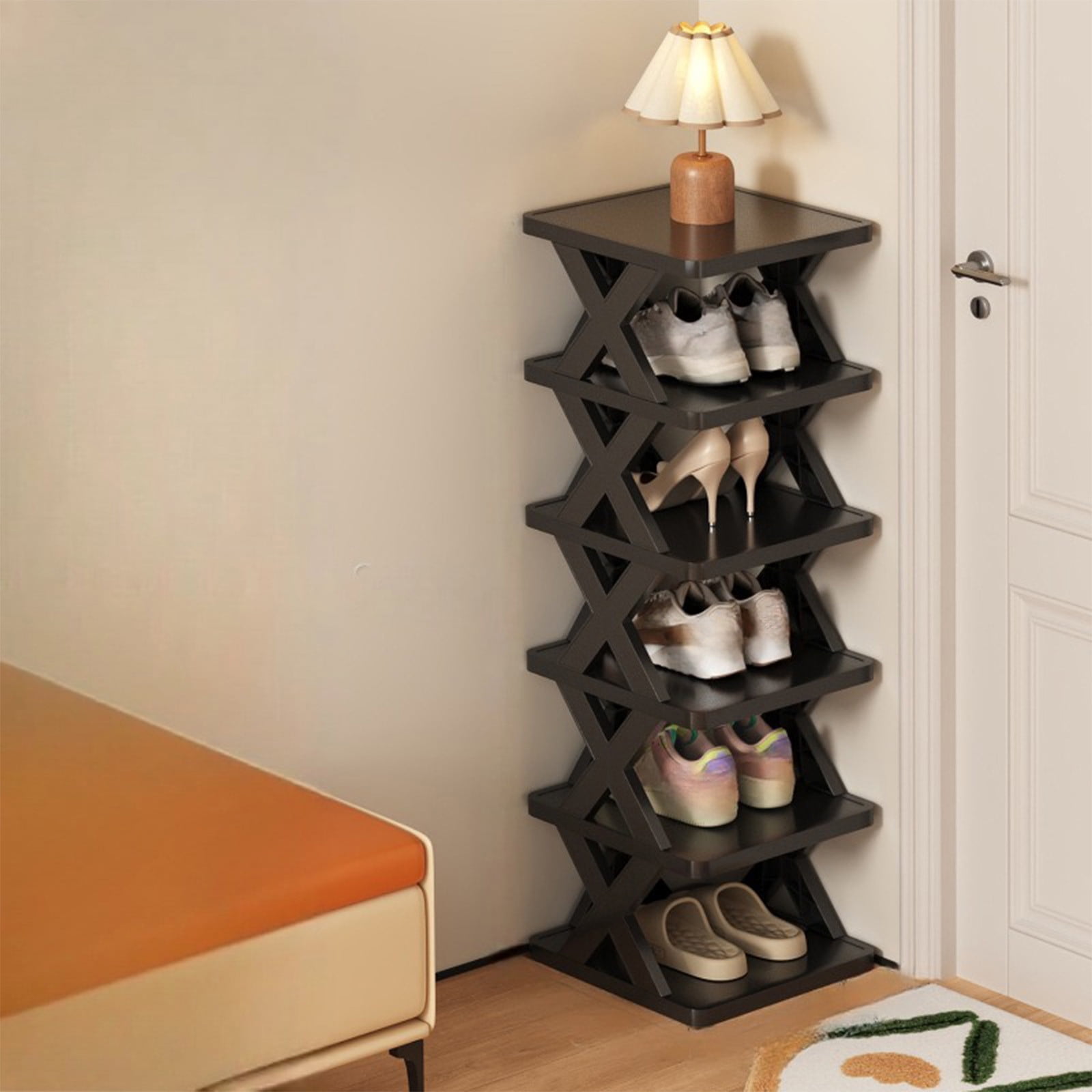 Oggfader 6 Tier Black Plastic Folding Shoe Rack - No Assembly, Space Saving, Collapsible Storage for Dorm & Entryway