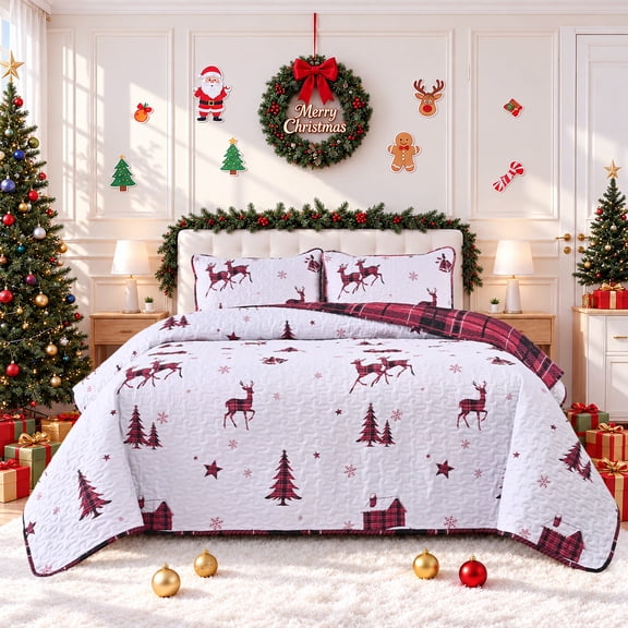 Bleum Cade Christmas Quilts Sets Queen Size,3 Pieces Christmas Tree Quilt Bedding Set, Reversible Red Buffalo Plaid Comforter Sets,Christmas Elk Soft Lightweight Xmas Bedspread Coverlet,90"x90"