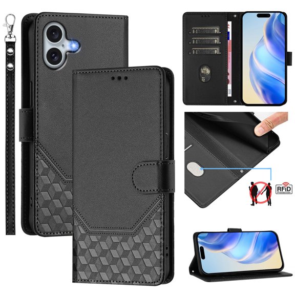 for iPhone 16 Wallet Case for Men Women, RFID Blocking Card Holder Slots, Wrist Strap & Shoulder Strap Shockproof TPU Inner, Kickstand PU Leather Protective Phone Cover, Black