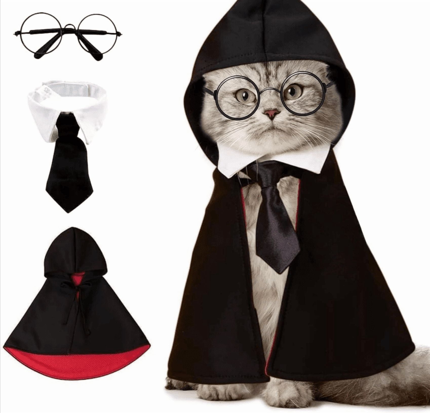 Cat Halloween Costume, Pet Wizard Costumes Mantle Magician Cosplay Clothes with Bowtie & Glasses Set, Festival Party Apparel for Small Pets Cats Dogs