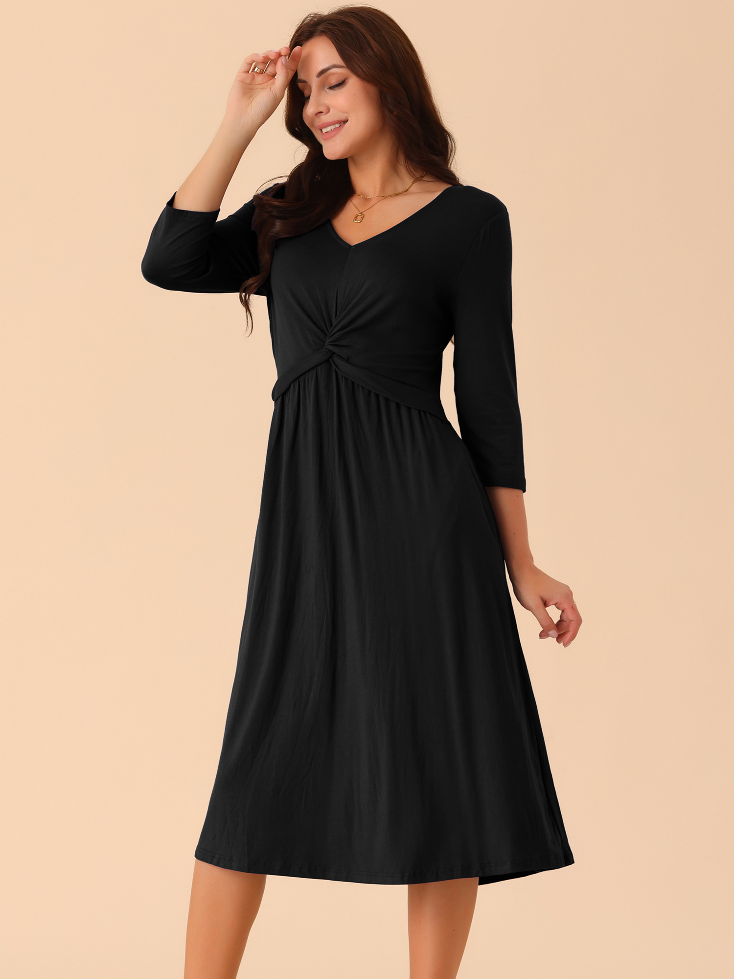 DARING DIVA 3/4 Sleeve Twist Knot Front V Neck A-line Midi Dress S Black