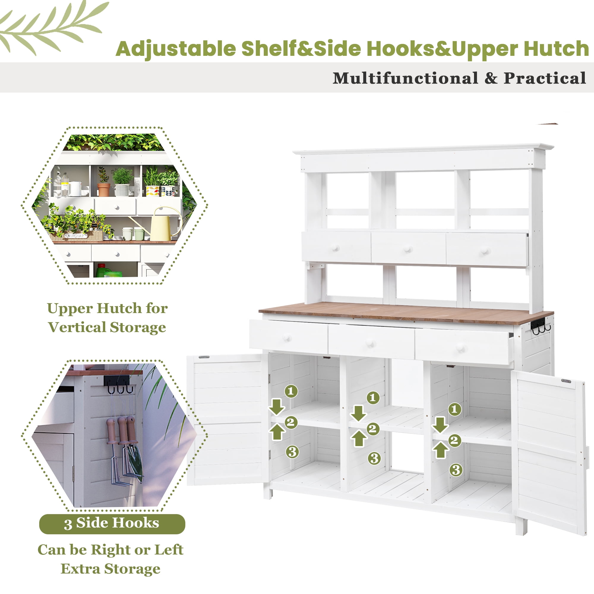 MAYEERTY 65.7" Tall Garden Potting Bench Table with Hutch – Rustic Outdoor Workstation with 3 Shelves, 6 Drawers, 2 Cabinets & Side Hooks