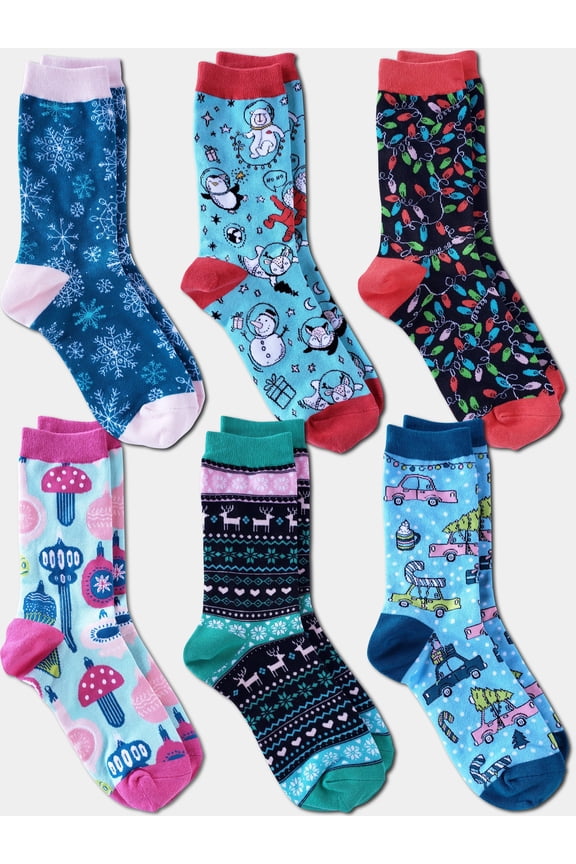 6 Pack Women's Christmas Crew Socks Gift Set (6-9, Cute Christmas)