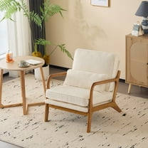 Modern Accent Chair, Mid-Century Solid Wood Arm Chair, Upholstered Reading Chair with Lumbar Pillow, Sofa Side Chairs for Living Room Bedroom Guest Room, Beige/C