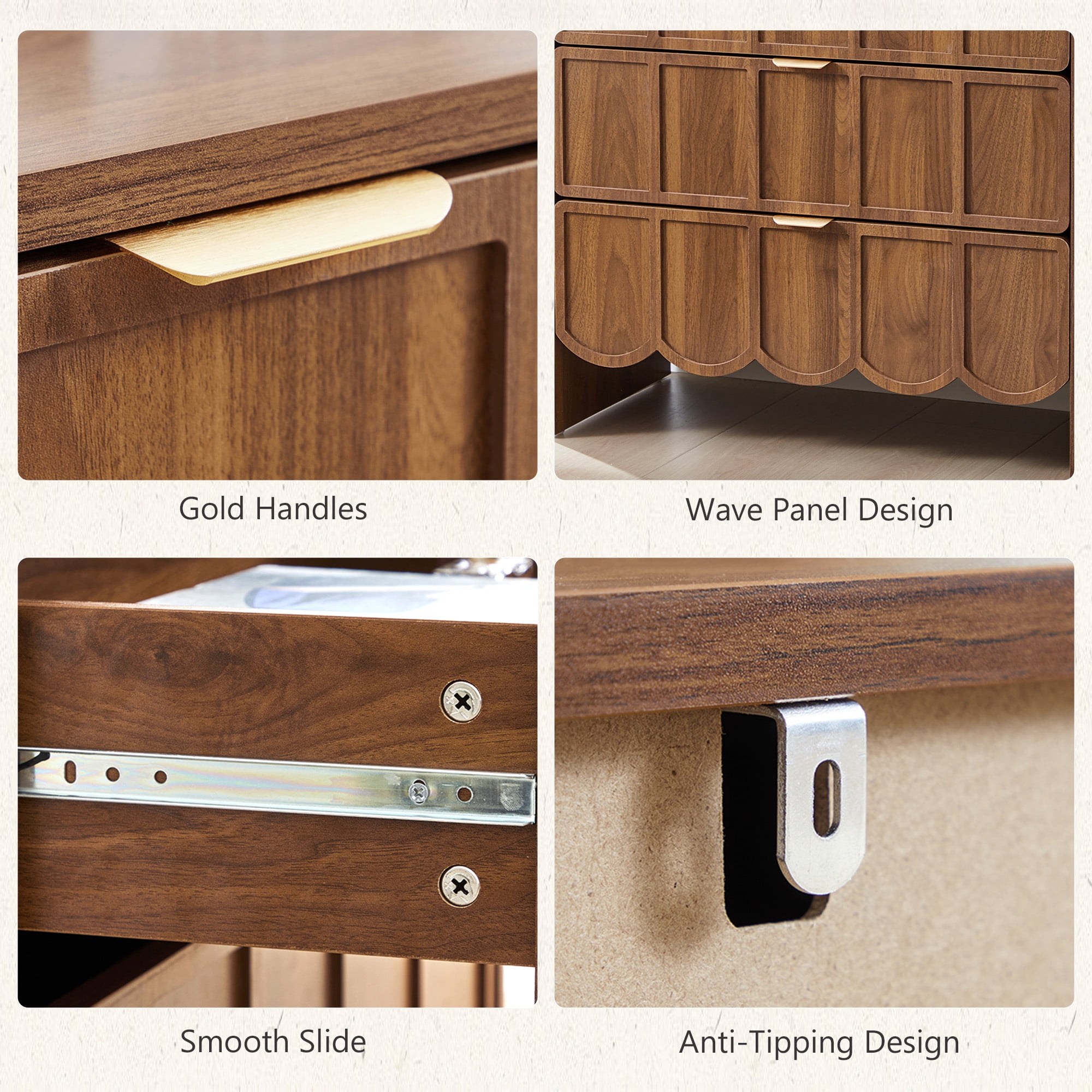 Weselon 3 Drawer Dresser for Bedroom, Modern Wave Panel Chest of Drawers, Closet Storage Cabinet, Walnut