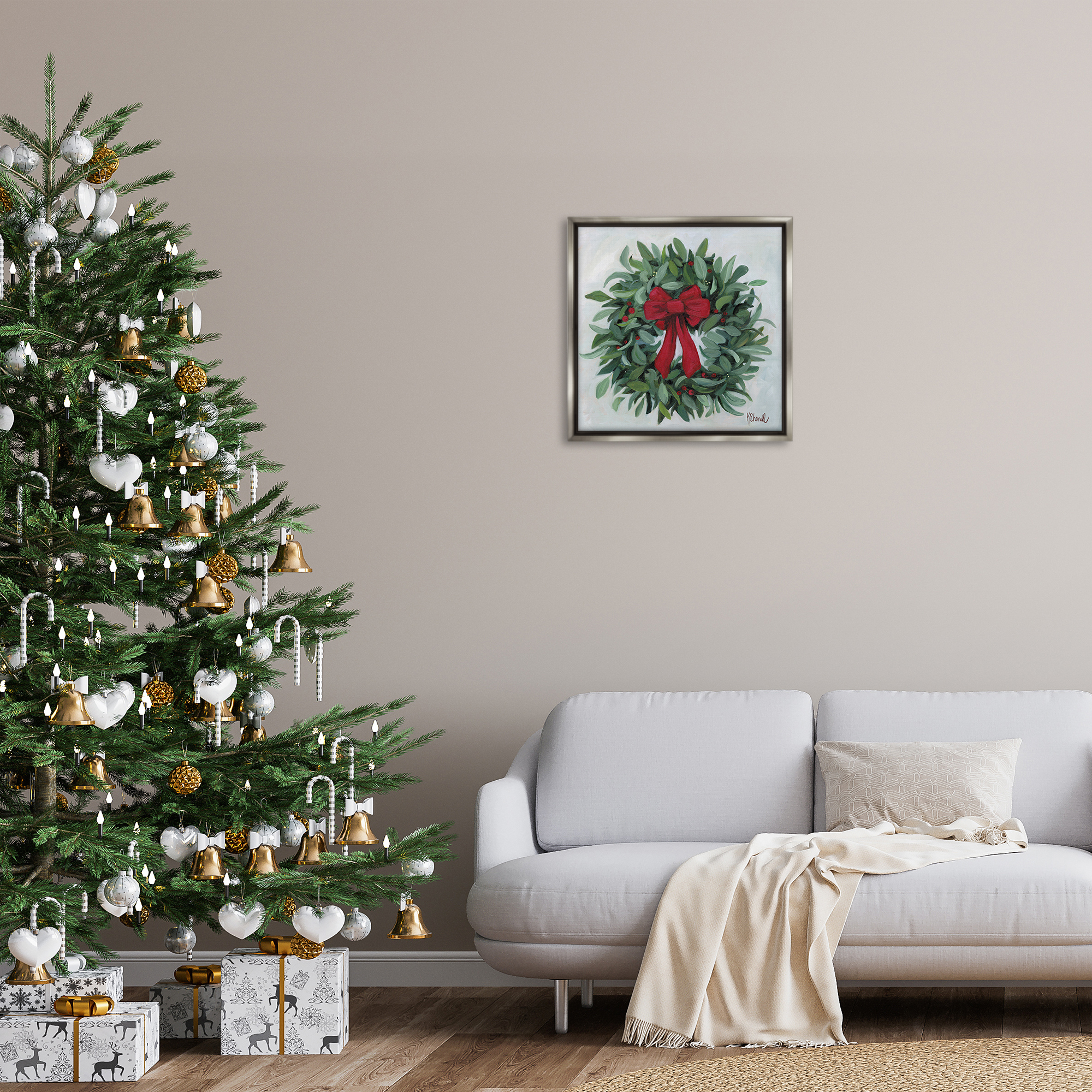 Stupell Industries Wreath with Red Bow Holiday Painting Gray Floater Framed Canvas Art Prints Wall Art, 25 x 25
