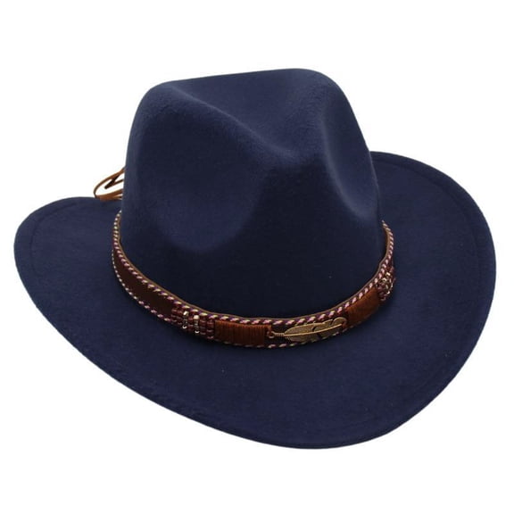 Povozer Boys Girls Fashion Childrens Western Cowboy Hat Parent Child Feather Top Hat Tibetan Hat With Upturned Brim Literary Sun Hat Size 3-8 Years,Navy