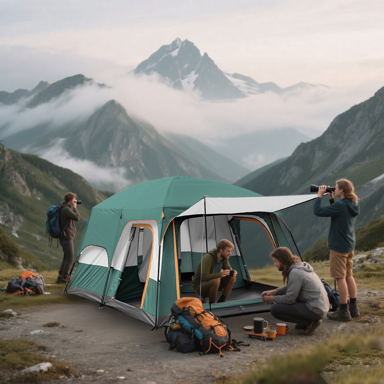 KFeng 12 Person Tents for Camping - 2Rooms 3Doors&3Windows Mesh,Suitable for Outdoor/Picnic,Green