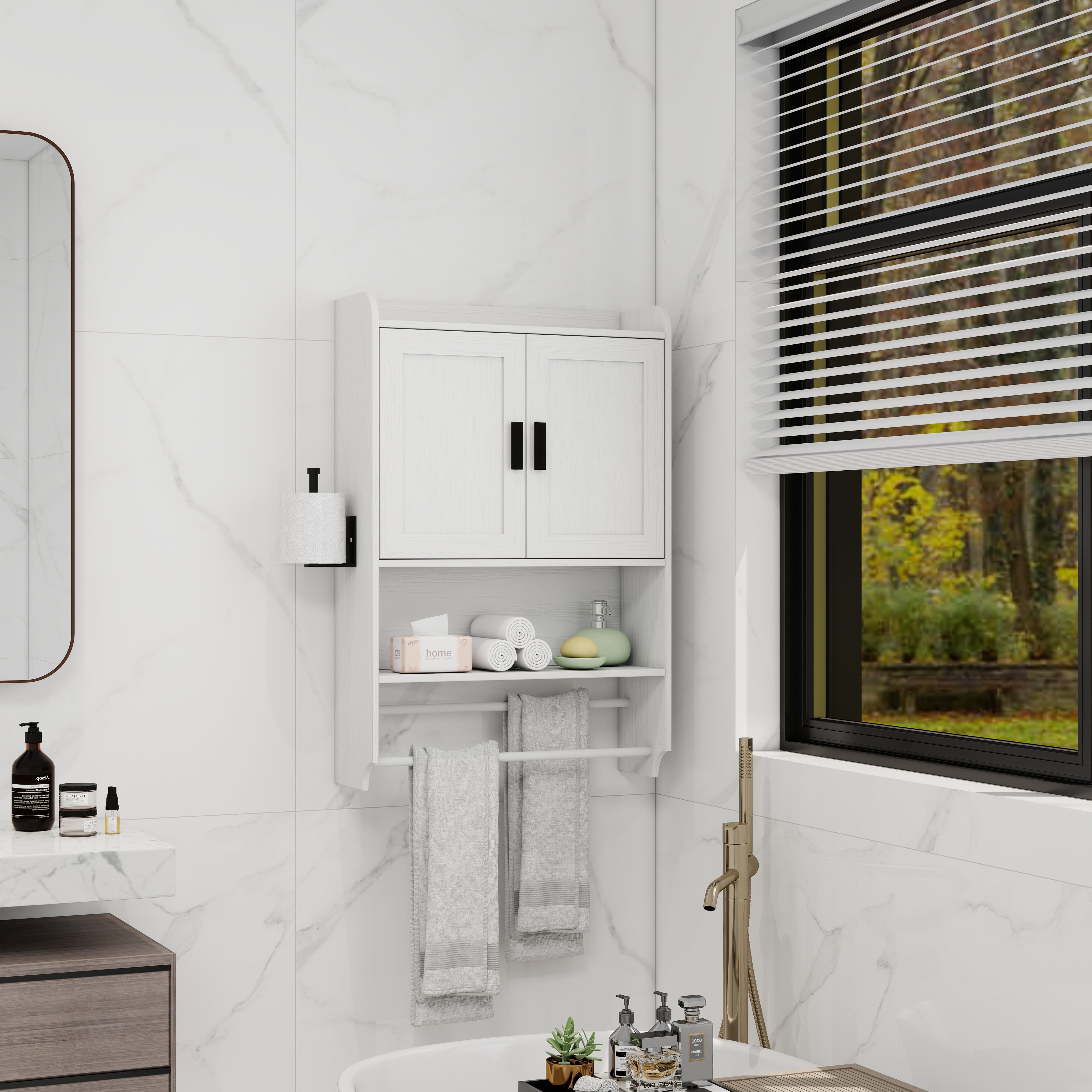 Bathroom 22" Wall Medicine Cabinet with Doors, Adjustable Shelf, Towel Bar and Paper Holder for Bathroom, Living Room, White