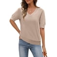 thumbnail image 1 of Top MEROKEETY de verano para mujer, manga corta, cuello en V, color caqui, 1 of 6