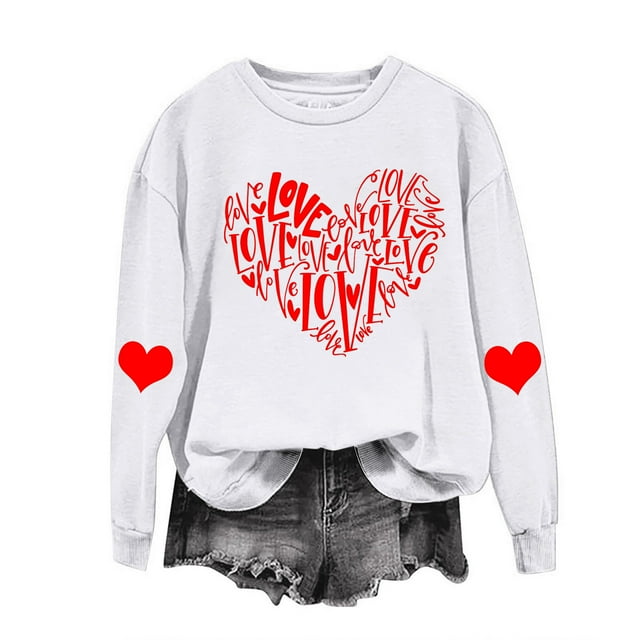 RKSTN Chandail de la Saint-Valentin pour Femmes avec Cœur Imprimé, Chandail Uni à Col Rond, Manches Longues, Coupe Ample
