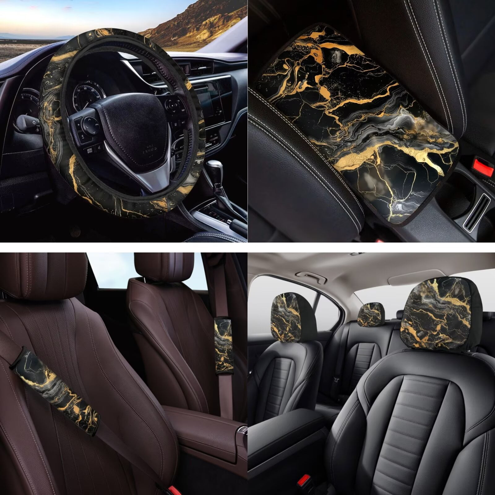 HUIACONG Black Marble Print Car Seat Covers Full Set with Steering Wheel Cover Coasters Center Console Cover Seat Belt Pads Headrest Cover Key Chain 14 Pcs Universal Car Accessories Interior