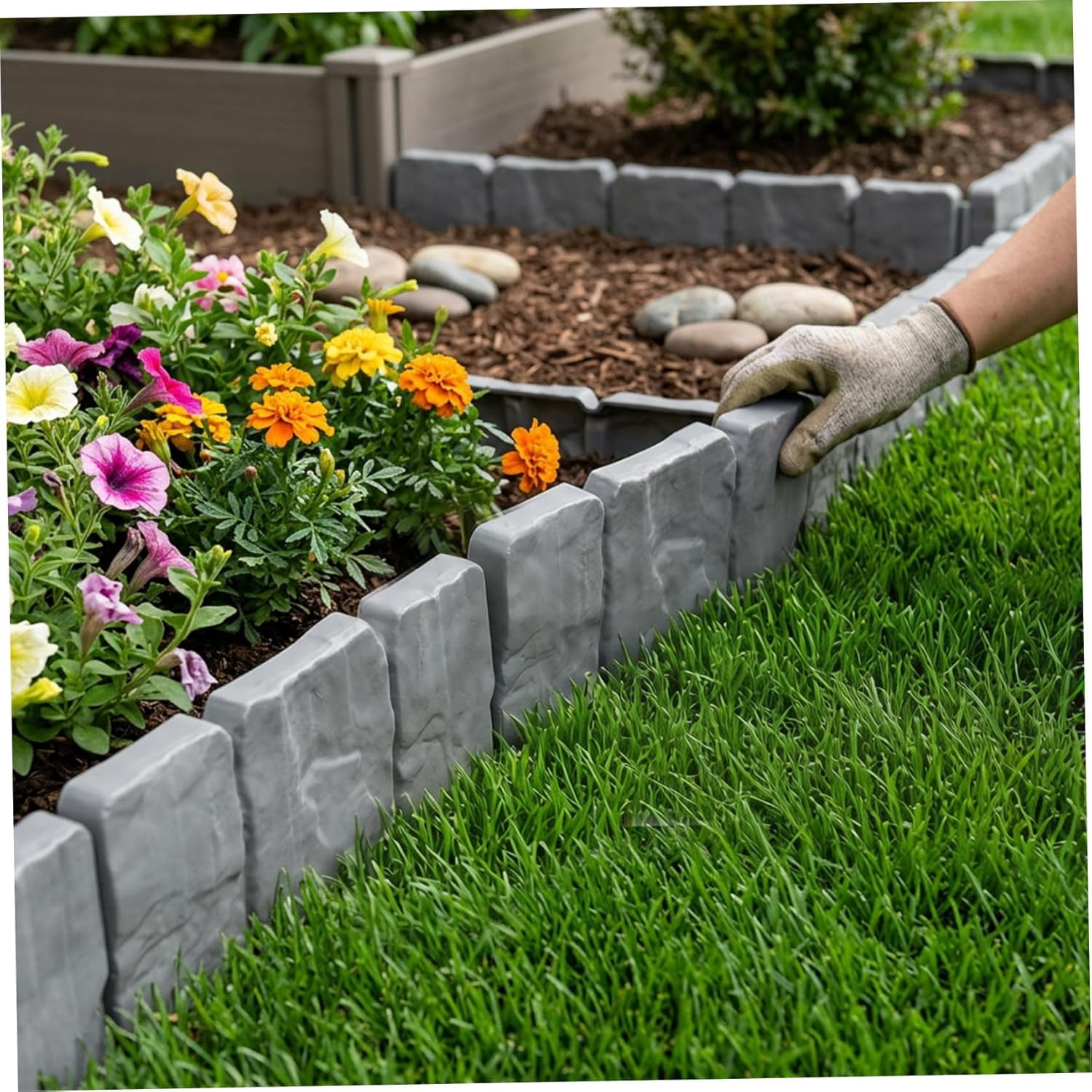 Garden Edging Border, Faux Stone Edging with Easy Installation, 20-Pack Interlocking Plastic Landscape Border for Yard, Flower Bed, and Lawn, Faux Stone Black
