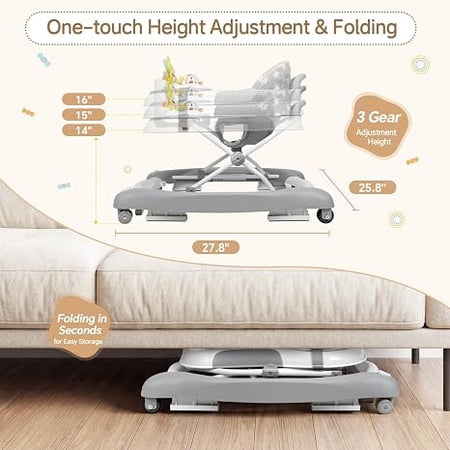 Baby Walker for Girls Boys, Portable Infant Walker with Adjustable Height and Easy Storage