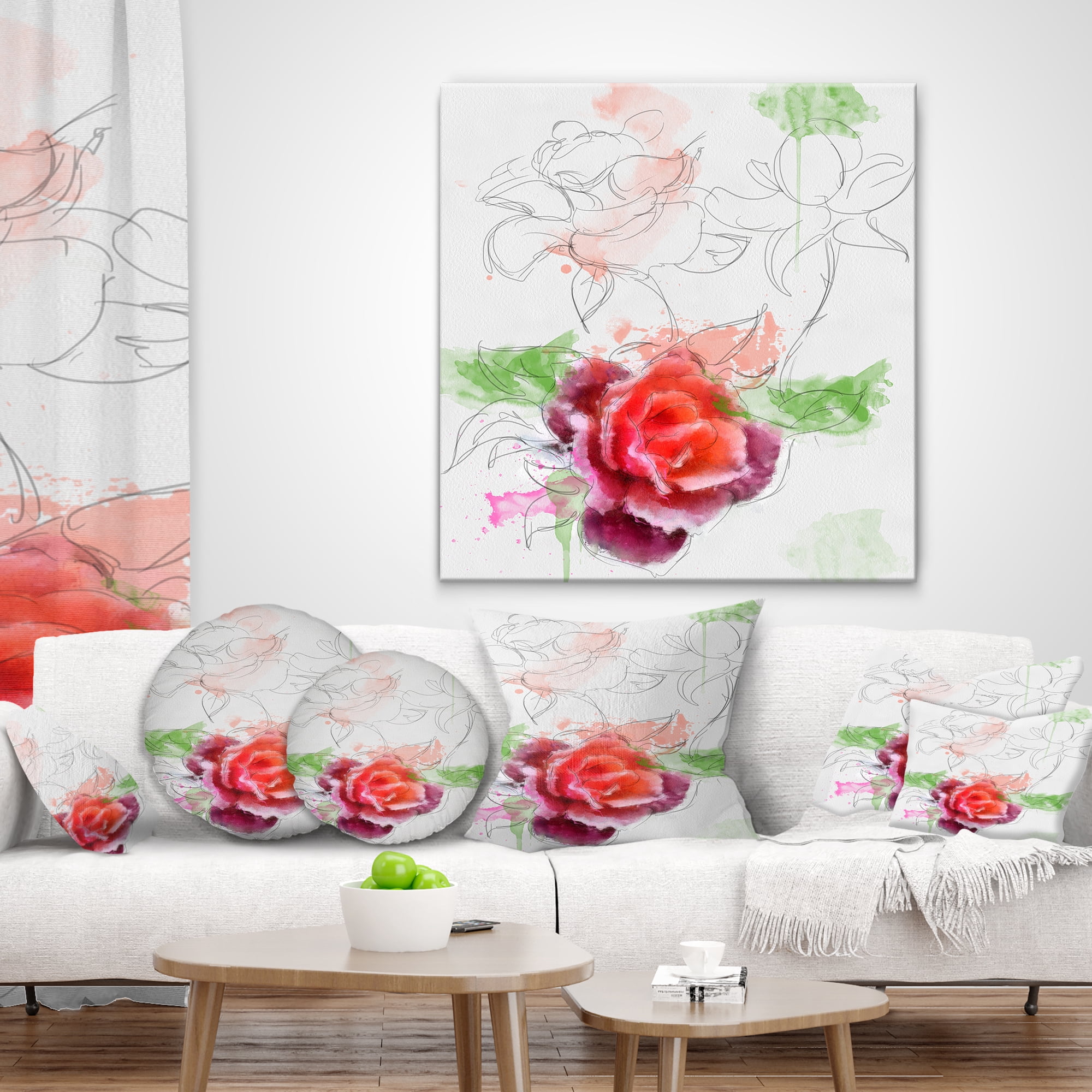 Designart Beautiful Rose with Rose Sketches - Floral Throw Pillow - 16x16
