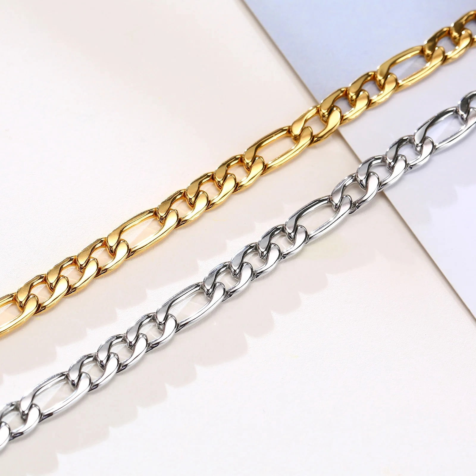 7MM Figaro Chain Bracelets for Men Women,Simple Punk 14K Yellow Gold Link Wristband Jewelry Gift,Length Adjustable