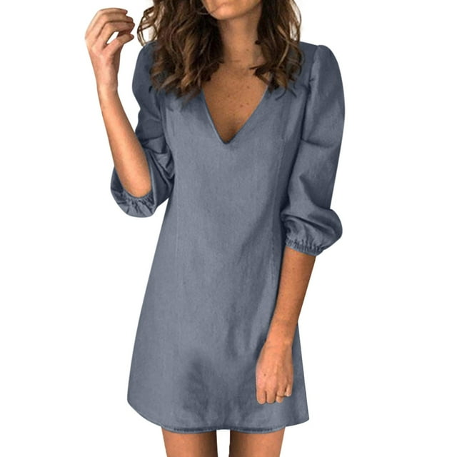 asddcavvf Dresses for Women Womens V Neck Three Quarters Sleeve Elastic Cuff Mini Dress Solid Color