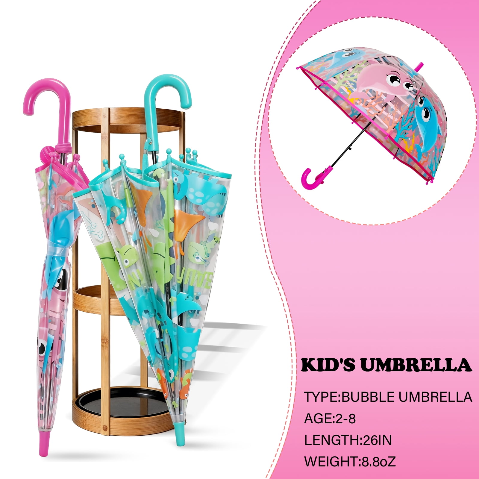 2 Pcs Kids Clear Bubble Umbrella, Unicorn Pattern with Easy Grip Curved Handle, Safe Transparent Umbrella for Toddler Girls