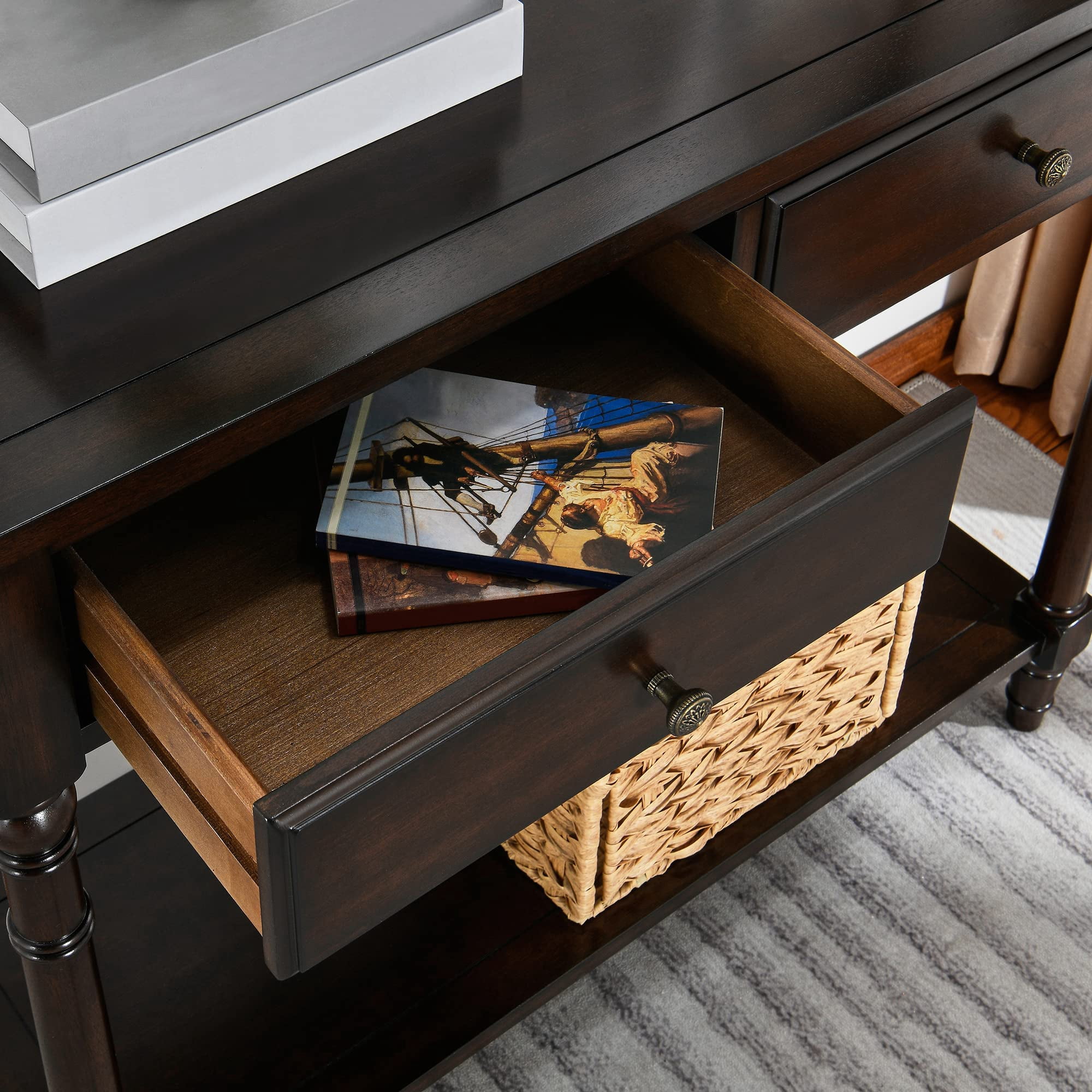 JESONVID Solid Wood Console Table with 2 Drawers, 2-Tier 35.4" X 30" Accent Sofa Table with Multilayer Storage Shelf Rustic Hall Entryway Tables for Living Room Home Office-Walnut