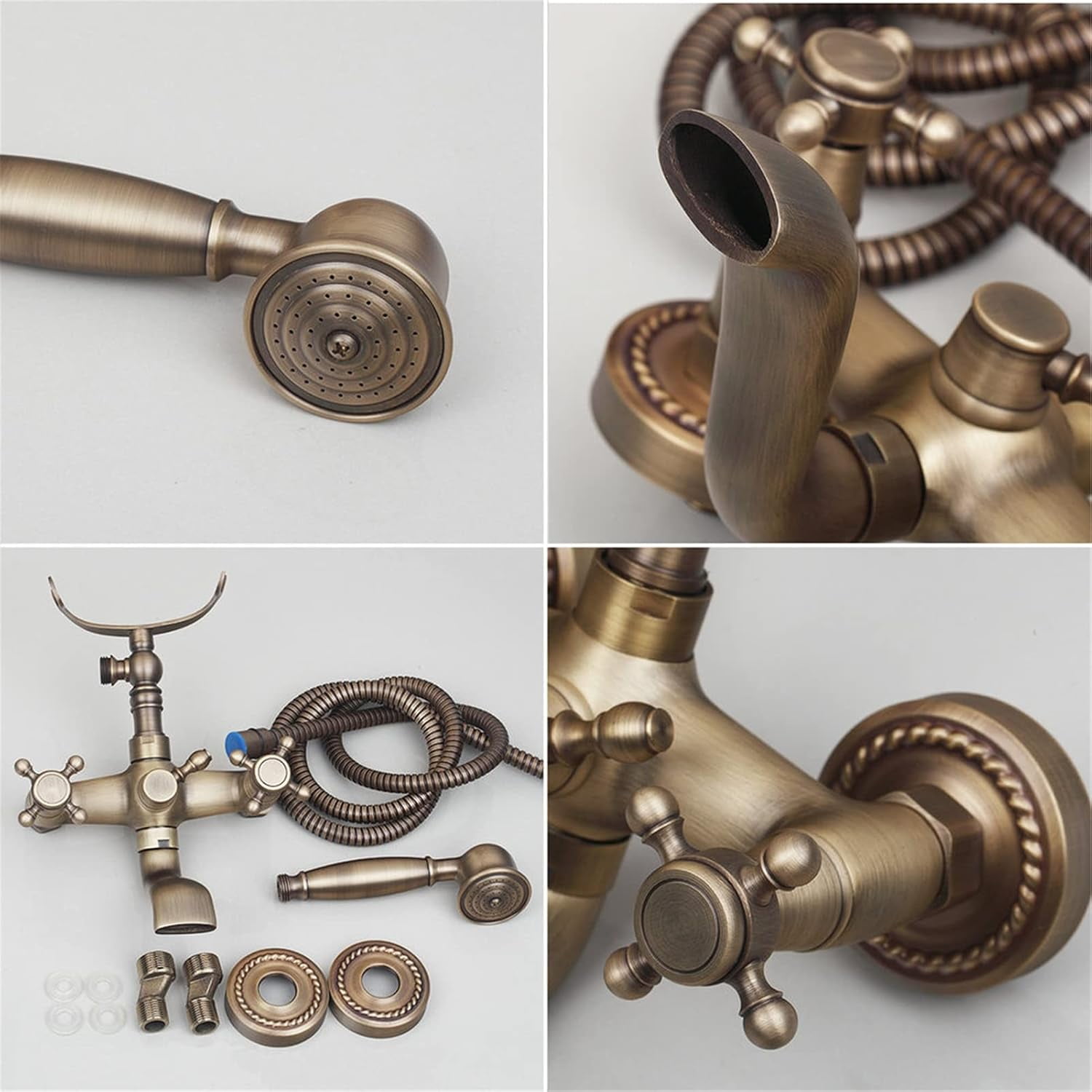 Vintage Wall Mount Antique Brass Bathtub Faucet with Hand Shower Sprayer, Bathroom Tub Faucet, Double Cross Handle Telephone Shaped Handheld Sprayer Shower Set
