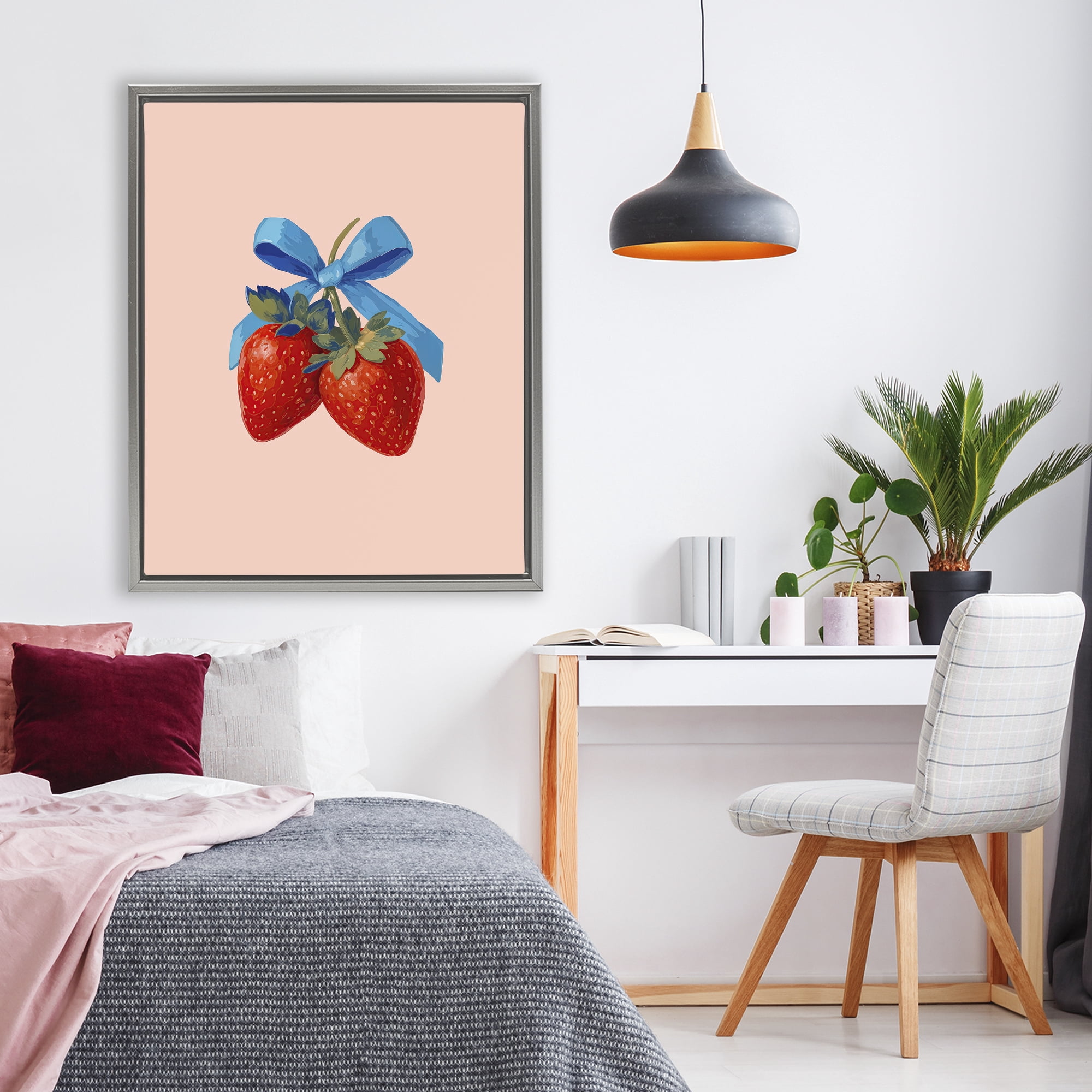 Stupell Industries Strawberry Pair with Blue Bow Gray Framed Floater Canvas Wall Art, design by Imagine It Images