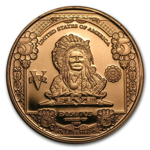 1 oz Copper Round - $5.00 Indian Chief Banknote Replica