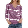 thumbnail image 2 of FRSASU Women's casual stripe printed loose fashion Long Sleeved T-shirt Solid Color cotton-like Stacked Collar Pleated Top Purple, 2 of 5