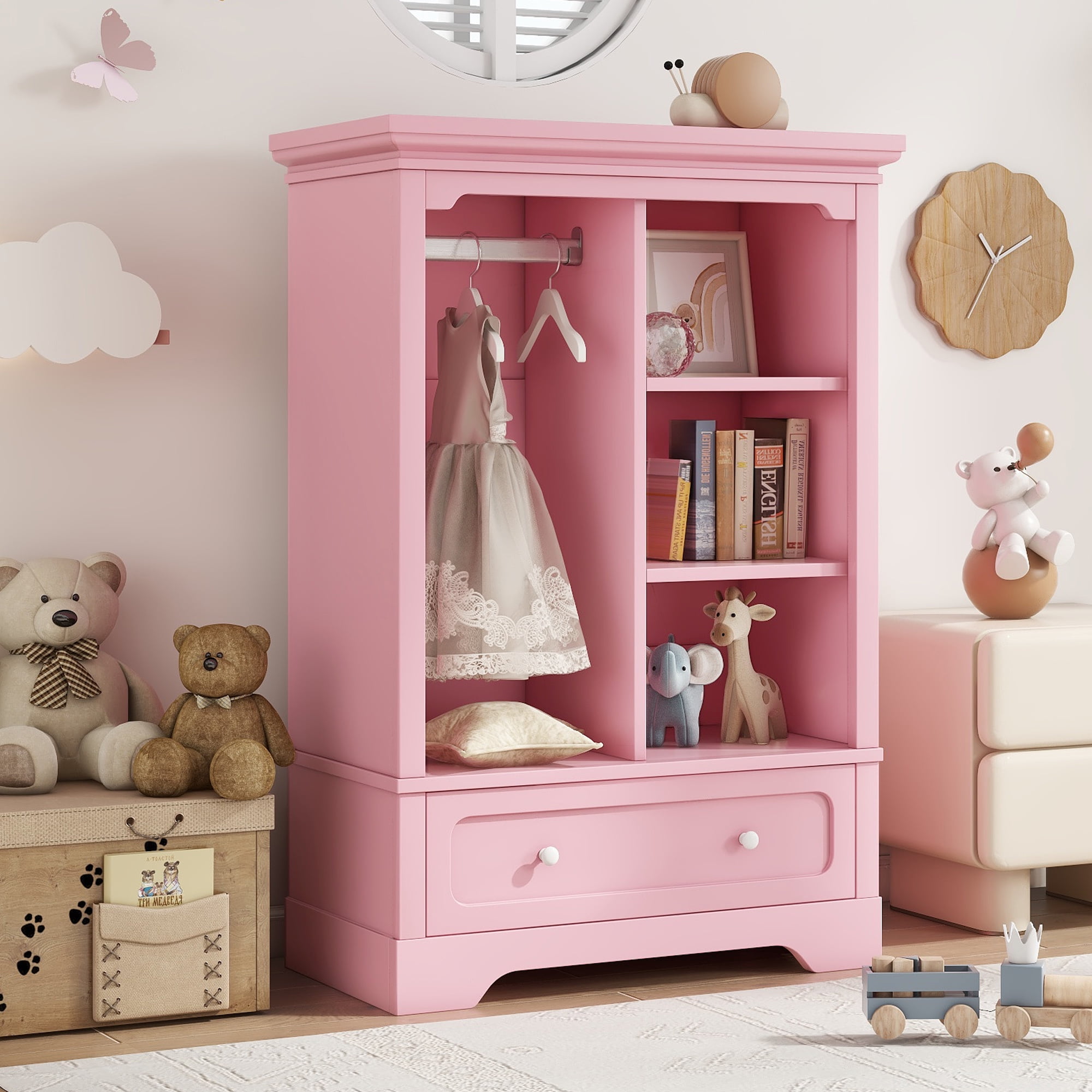 Yoneston Kids Dress Up Storage with Large Drawers and Open Shelves, Children's Wardrobe Opening Hanging Costume Closet Easy Access, Pink
