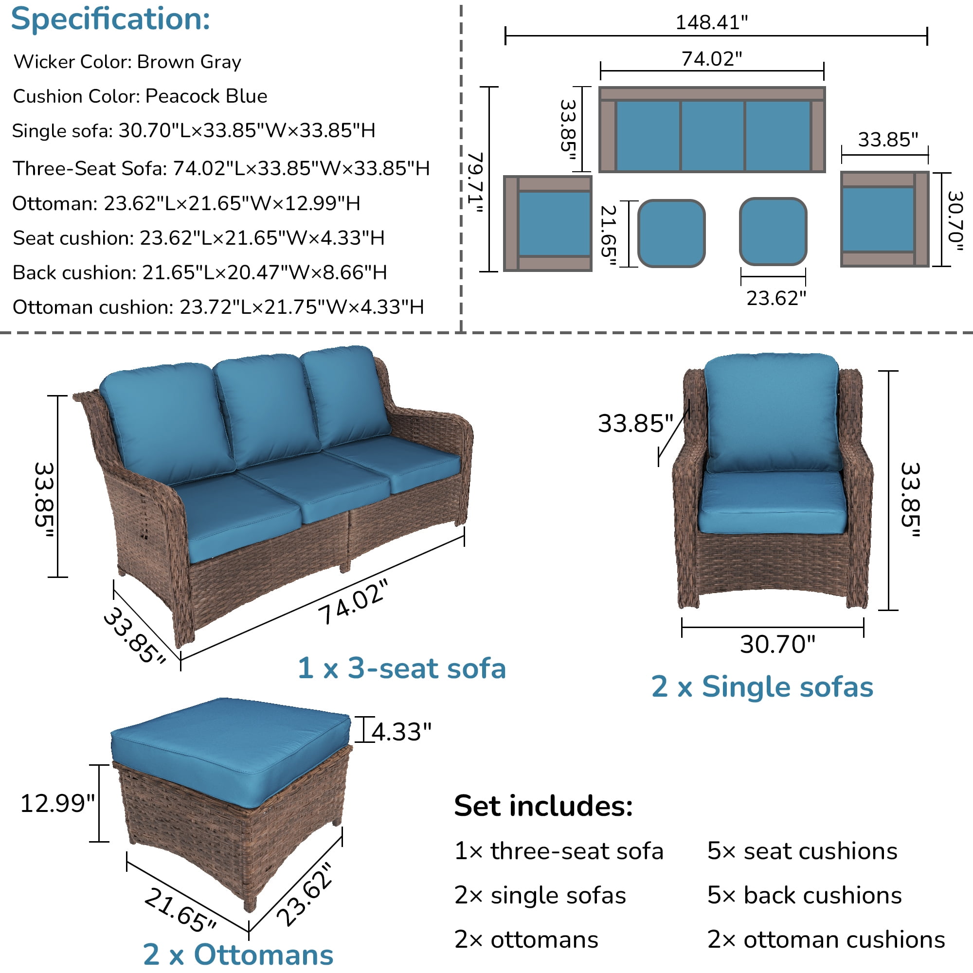 Hzzkey Patio Furniture Set, 5 Pieces Outdoor Sectional Sofa Set, All-Weather Wicker Rattan High Back Patio Conversation Set with Ottoman for Poolside, Backyard, 4.33" Thick Cushions, Peacock Blue