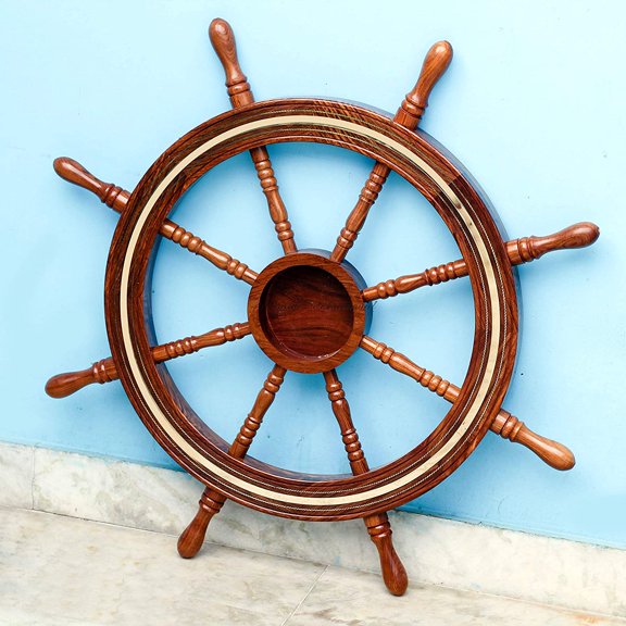 Nagina International Buffed Polish Wide Brass Accented Solid Wood Ship Wheel | Wall Decor (12 Inches)
